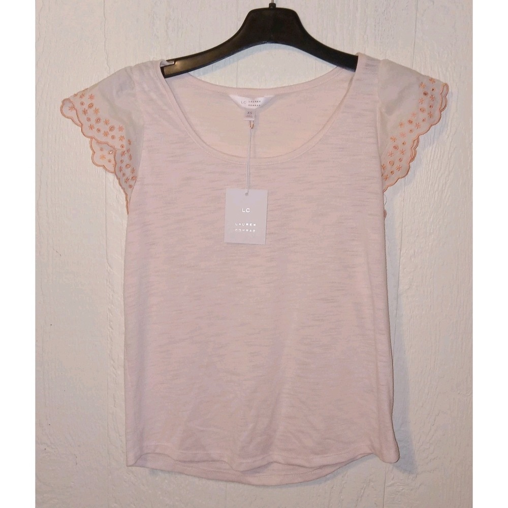 LC Lauren Conrad Top Women XS Pink Eyelet Flutter Sleeve Slub Knit NWT